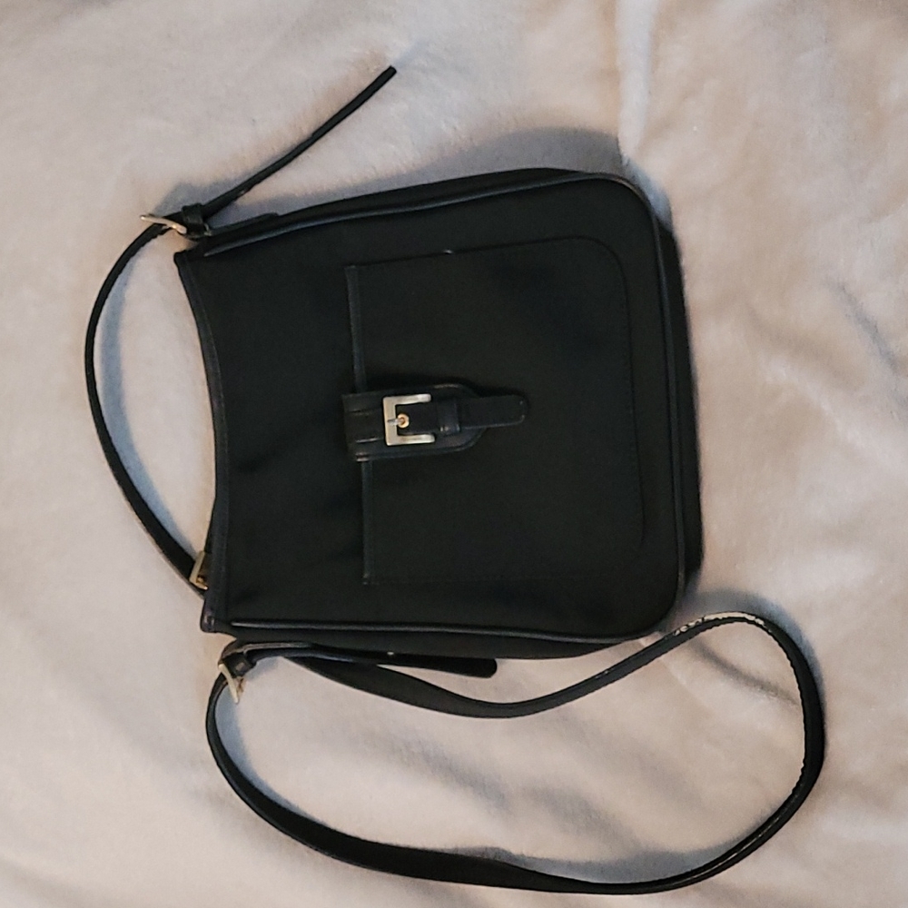 Talbots Black Nylon Crossbody Bag with Adjustable Strap and Gold Buckle Trim